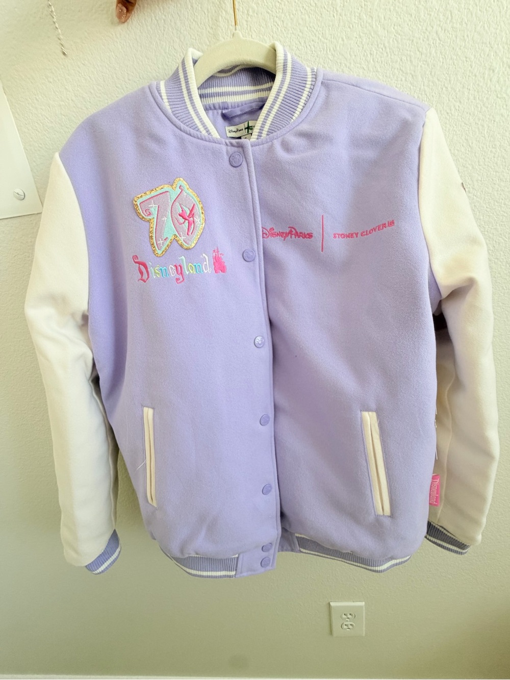 Disney Lavender and White Varsity Jacket with Embroidered Patch